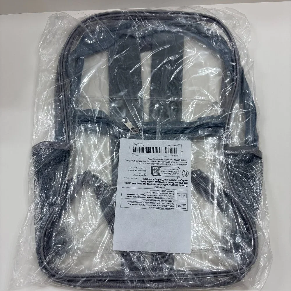 Clear - Full Sized Transparent Backpack with Gray Straps - Event Approved - NWT